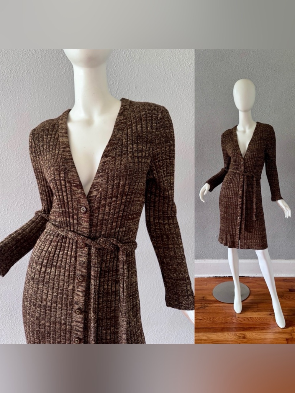 Vintage 90s Ribbed Button Tie Duster Cardigan Sweater Top S/M